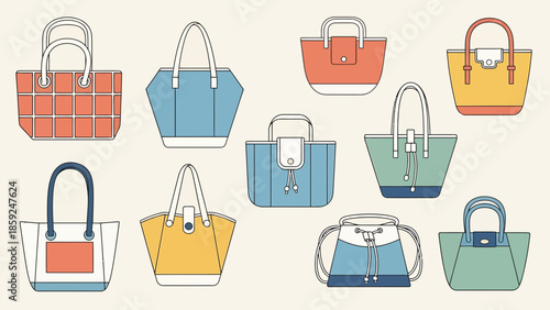Assorted Handbags Displayed Together in a Colorful Illustration