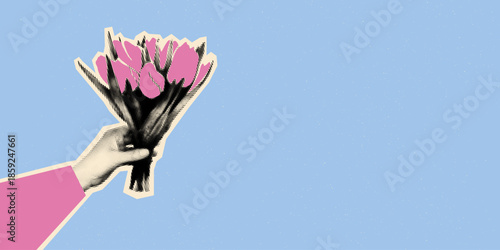 Spring floral horizontal banner template. Female halftone hand holding bouquet of pink tulips with vintage dot texture and doodles. Modern retro grunge mixed media collage vector illustration
