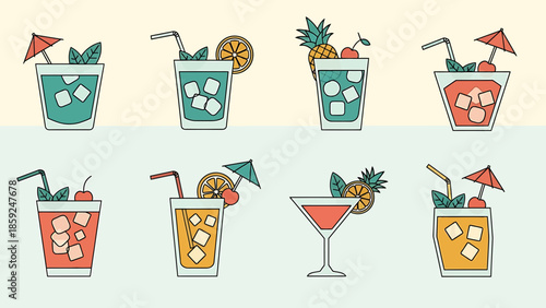 Illustrations of assorted colorful cocktails with garnishes and umbrellas in various glasses on a split background