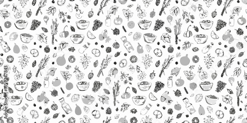 A seamless pattern of sketched fruits vegetables and bowls of food