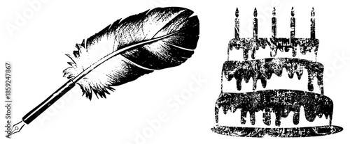 quill pen and birthday cake