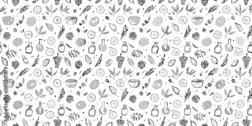 A seamless pattern featuring botanical illustrations of fruits leaves and various vessels