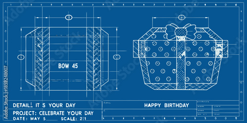 Architectural blueprint displaying a gift box with a celebratory birthday message