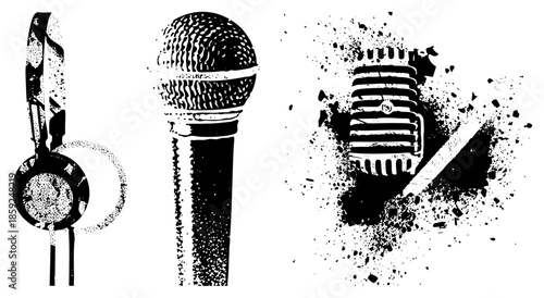 headphones microphone vintage mic vector set
