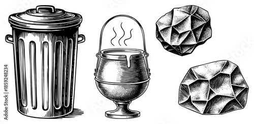 trash can cauldron gemstones vintage engraving