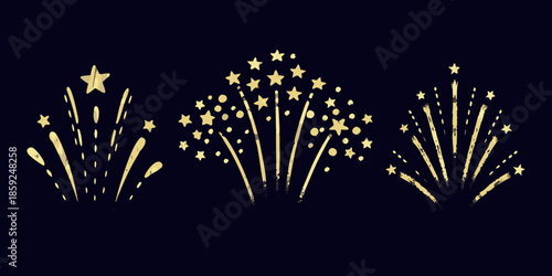 Golden firework displays illuminate the dark background with sparkling starbursts