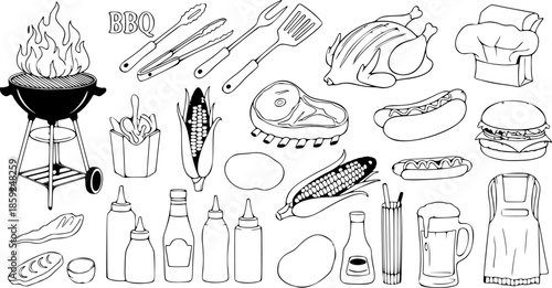 Hand drawn vector illustrations. BBQ collection. Barbeque design elements in sketch style. Fast food. Perfect for menu, prints, packing, leaflets, advertising