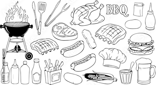 Hand drawn vector illustrations. BBQ collection. Barbeque design elements in sketch style. Fast food. Perfect for menu, prints, packing, leaflets, advertising