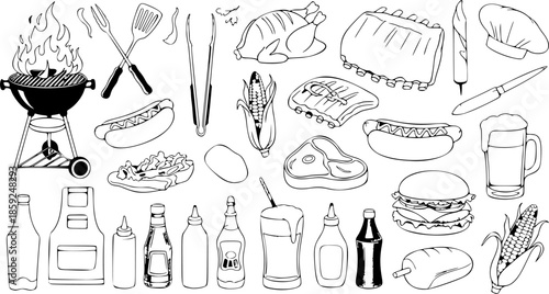 Hand drawn vector illustrations. BBQ collection. Barbeque design elements in sketch style. Fast food. Perfect for menu, prints, packing, leaflets, advertising