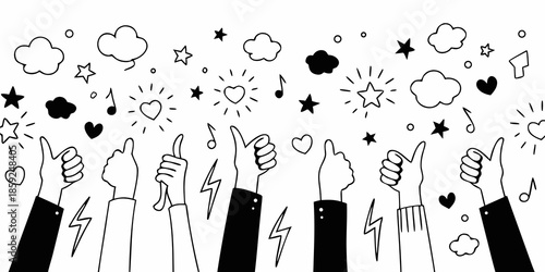 A collection of hands giving thumbs up and various celebratory doodles