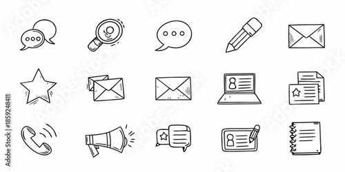 Collection of hand drawn communication and office icons in black and white