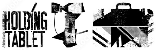 holding tablet text graphic with stylized tools and briefcase