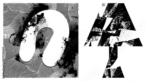 Abstract letterforms with halftone and glitch effects
