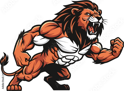 Powerful and muscular lion mascot illustration roaring fiercely with dynamic energy, embodying strength, courage, and determination in a bold, vibrant design