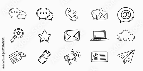 Collection of hand drawn communication icons messages calls and digital symbols