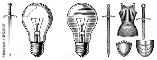 lightbulbs swords armor shields vintage engraved set