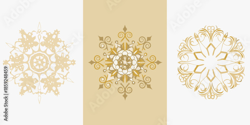 Elegant golden ornamental designs arranged vertically on a light background