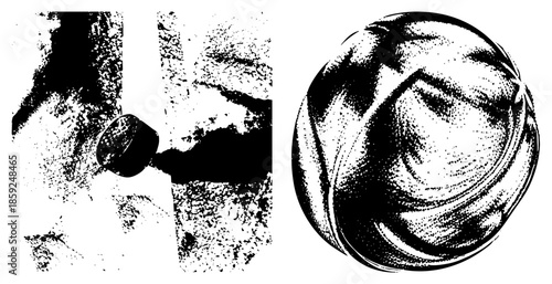 Hand holding spray can applying paint to textured wall and spherical object with dot