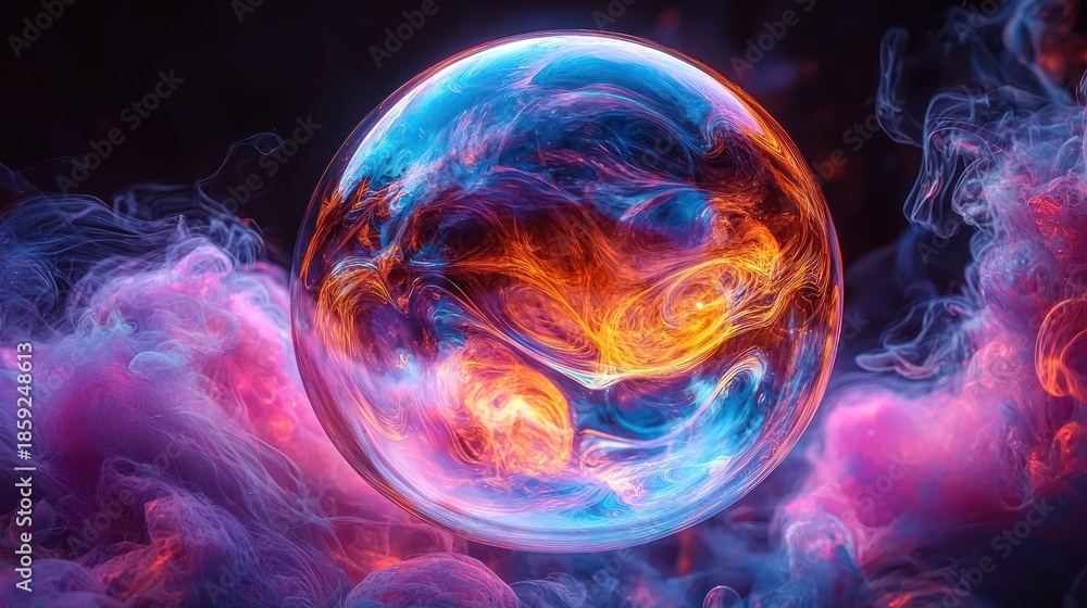 Fototapeta premium A glowing, ethereal sphere of swirling colors, surrounded by wispy pink and purple smoke