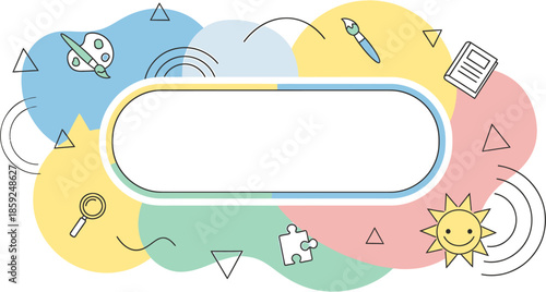 Vibrant Playful Doodle Art Frame Template with Creativity and Learning Icons for Kids' Education and Fun Graphic Designs