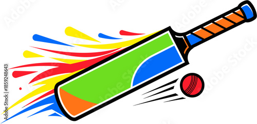 Dynamic illustration of a cricket bat striking a red ball with vibrant colorful motion trails, symbolizing speed, energy, and excitement in sports
