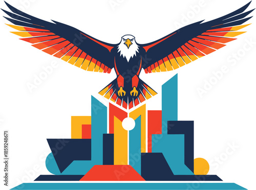 Vigilant Eagle Soaring Above a Stylized Cityscape Illustration