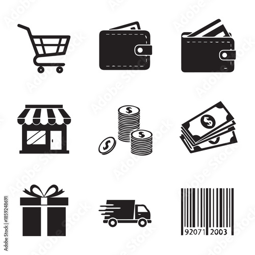 Online Shopping & Delivery Icons Pack – Cart, Wallet, Gift & Barcode