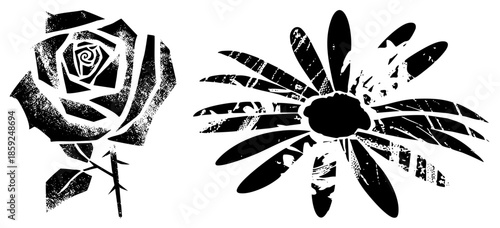 two stylized flowers black and white stencil