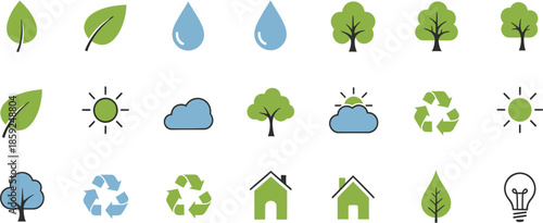 Eco-friendly and sustainable vector icon set, showcasing vibrant leaves, water drops, trees, sun, clouds, and recycling symbols for green graphic design projects