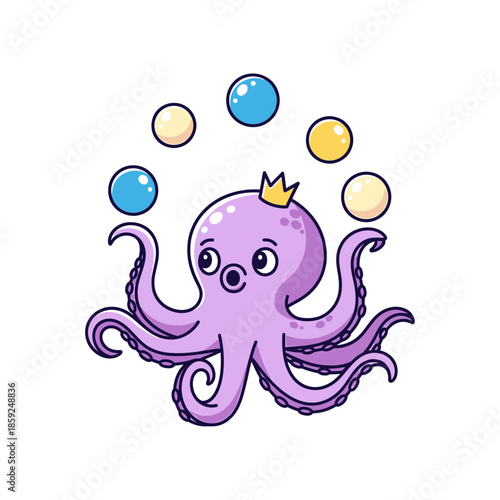 A purple cartoon octopus wearing a crown juggles colorful balls underwater, showcasing its playful nature and majestic appearance.