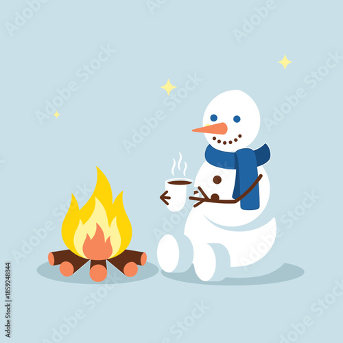 A snowman enjoys a warm beverage beside a campfire on a winter day