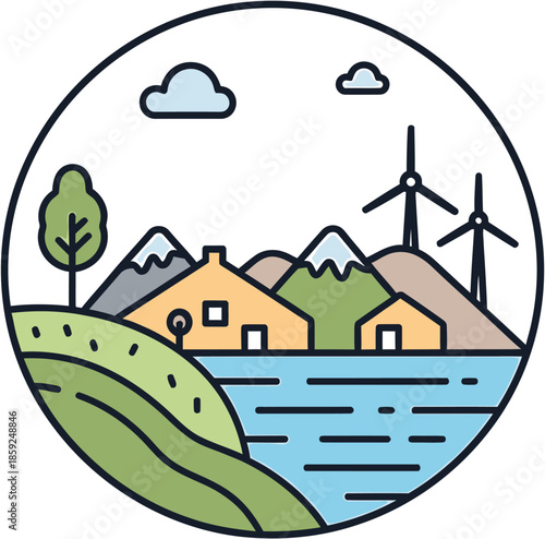 Circular illustration of a sustainable village. Homes by a tranquil lake, green hills, mountains, and wind turbines symbolize eco-friendly living and renewable energy