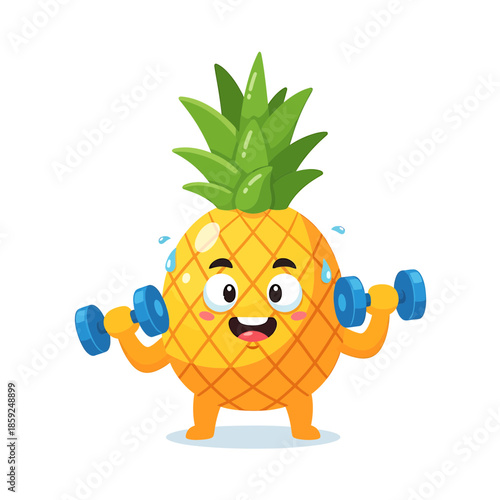 A cheerful pineapple character lifting dumbbells in a fitness pose