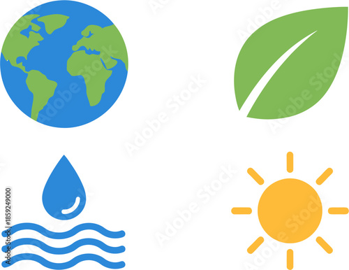 Earth, water, sun, and leaf icons representing the environment and sustainability