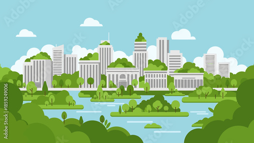 Green city skyline with lush vegetation and water bodies under a clear blue sky