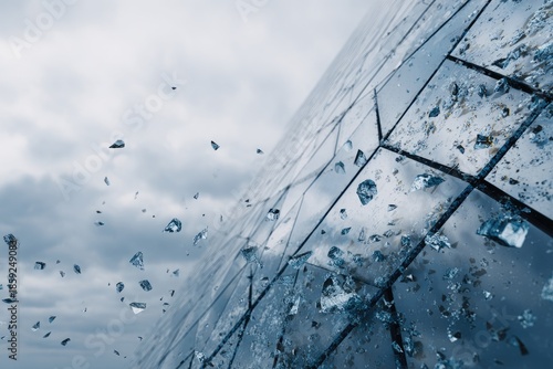 Fragmented glass wall under an overcast sky, with falling shattered pieces