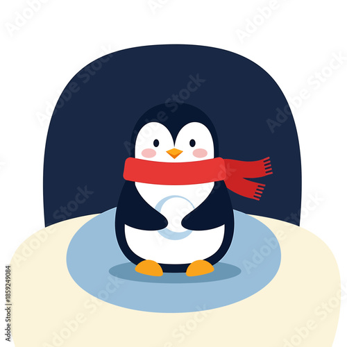 A cartoon penguin wearing a red scarf standing on ice