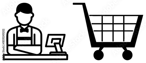 cashier processing payment at checkout counter with shopping cart