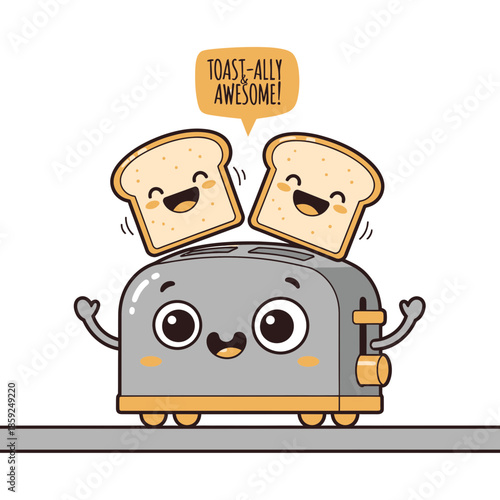 A whimsical toaster with anthropomorphic features and toast popping out, conveying a cheerful atmosphere