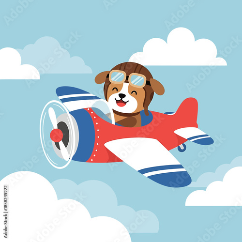 A cartoon dog wearing goggles flies a vintage red airplane through white clouds in a blue sky