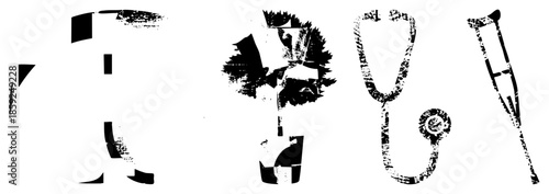 medical symbols set black and white distressed style