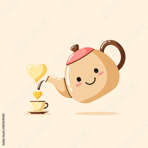 A cartoon teapot pouring heart-shaped tea into a cup on a saucer