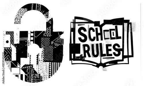school rules text inside open book with abstract geometric