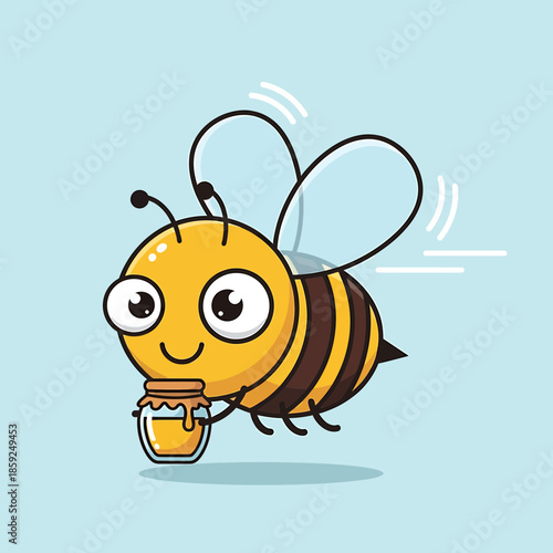 A cartoon bee with a honey pot in flight against a simple background