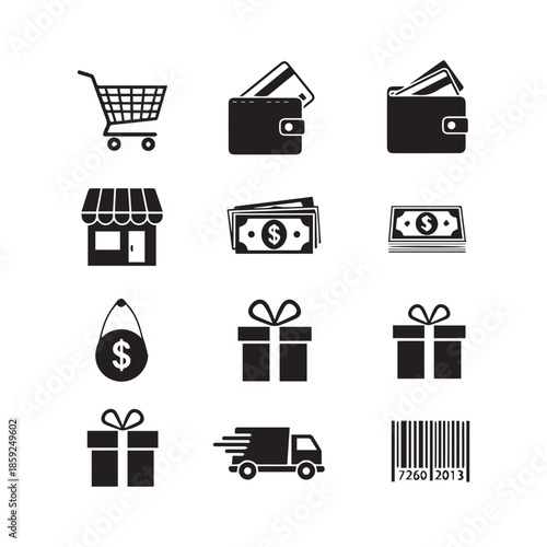 Retail and E-commerce Icon Collection – Store, Truck & Payment Symbols