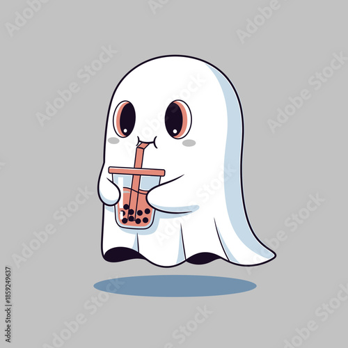 A cartoon ghost character happily drinking a boba tea drink with a straw in a simple gray background scene.