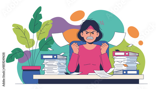 Angry employee overwhelmed by huge piles of office paperwork Professional stress burnout and excessive workload concept