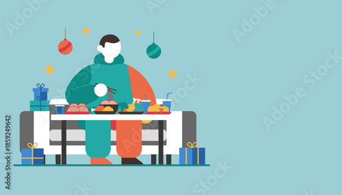 Person enjoying a holiday feast with noodles and fried food surrounded by gifts Celebration concept