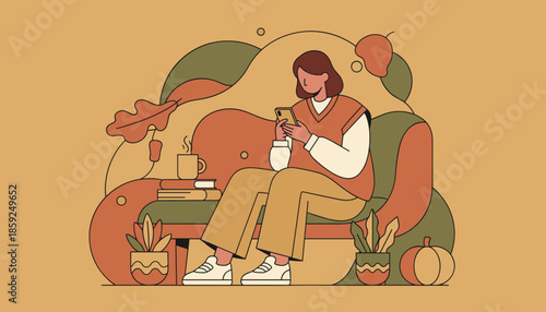 Woman uses smartphone in a cozy hygge fall setting digital communication and relaxation concept