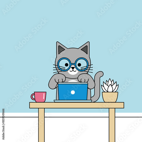 A cartoon cat wearing glasses working on a laptop at a desk with a cup and plant